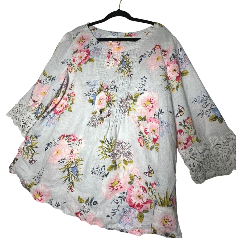 J.Jill Love Linen Floral Pintuck Blouse XL Bird Butterfly Crochet - Picture 3 of 8